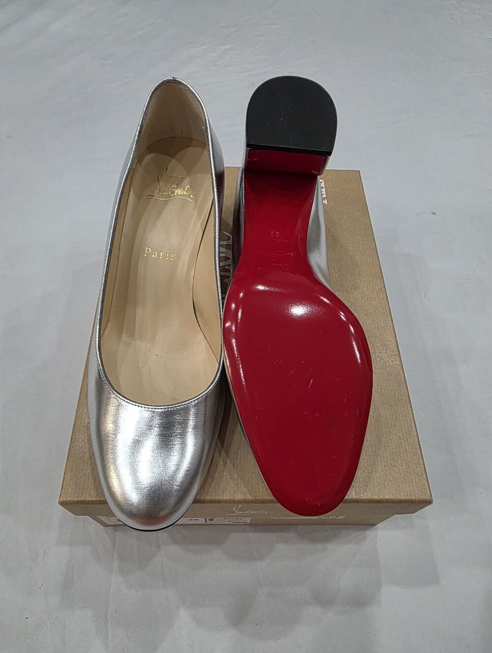Christian Louboutin Silver Metallic Block Heel Pumps